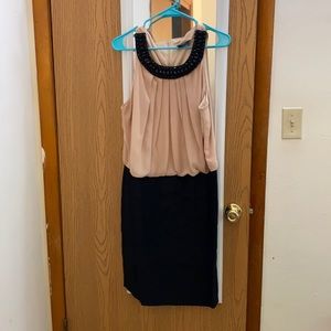 Black and Tan cocktail dress with jeweled neckline